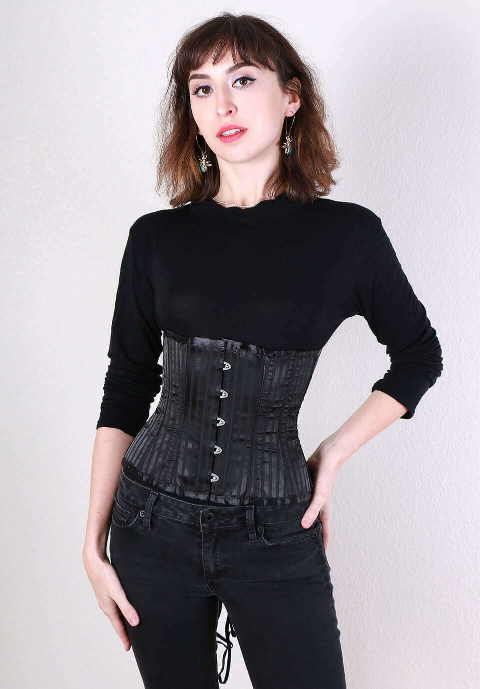 Steel Boned Black Woven Shadow Stripe Cincher Corset True Corset UK steel-boned-black-woven-shadow-stripe-cincher-corset-true-corset-uk