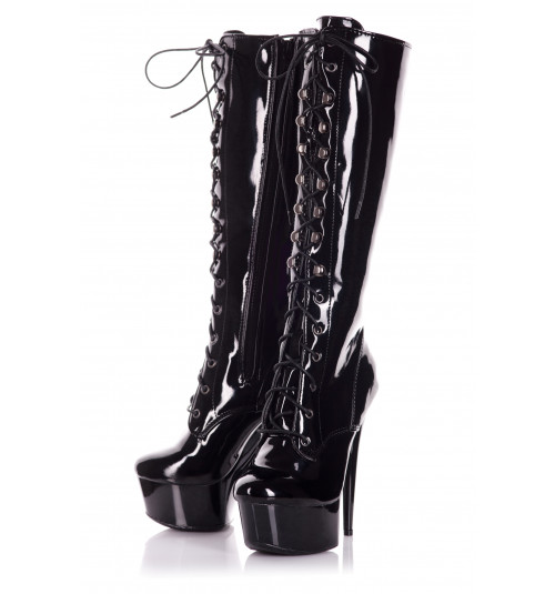 Knee High Black Patent Lace Up Boots