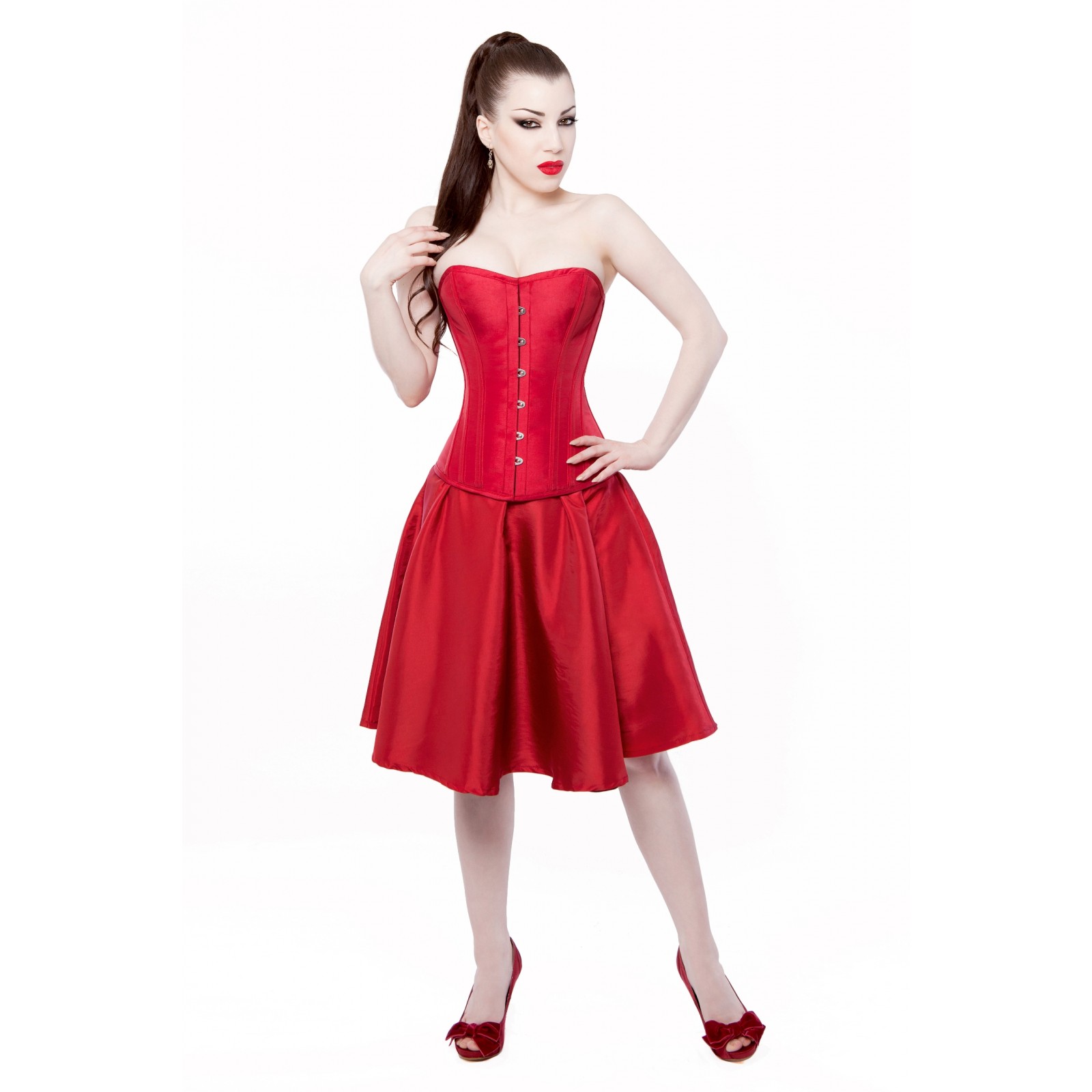 Rotem Taft Korsett Kleid mit langen Korsett